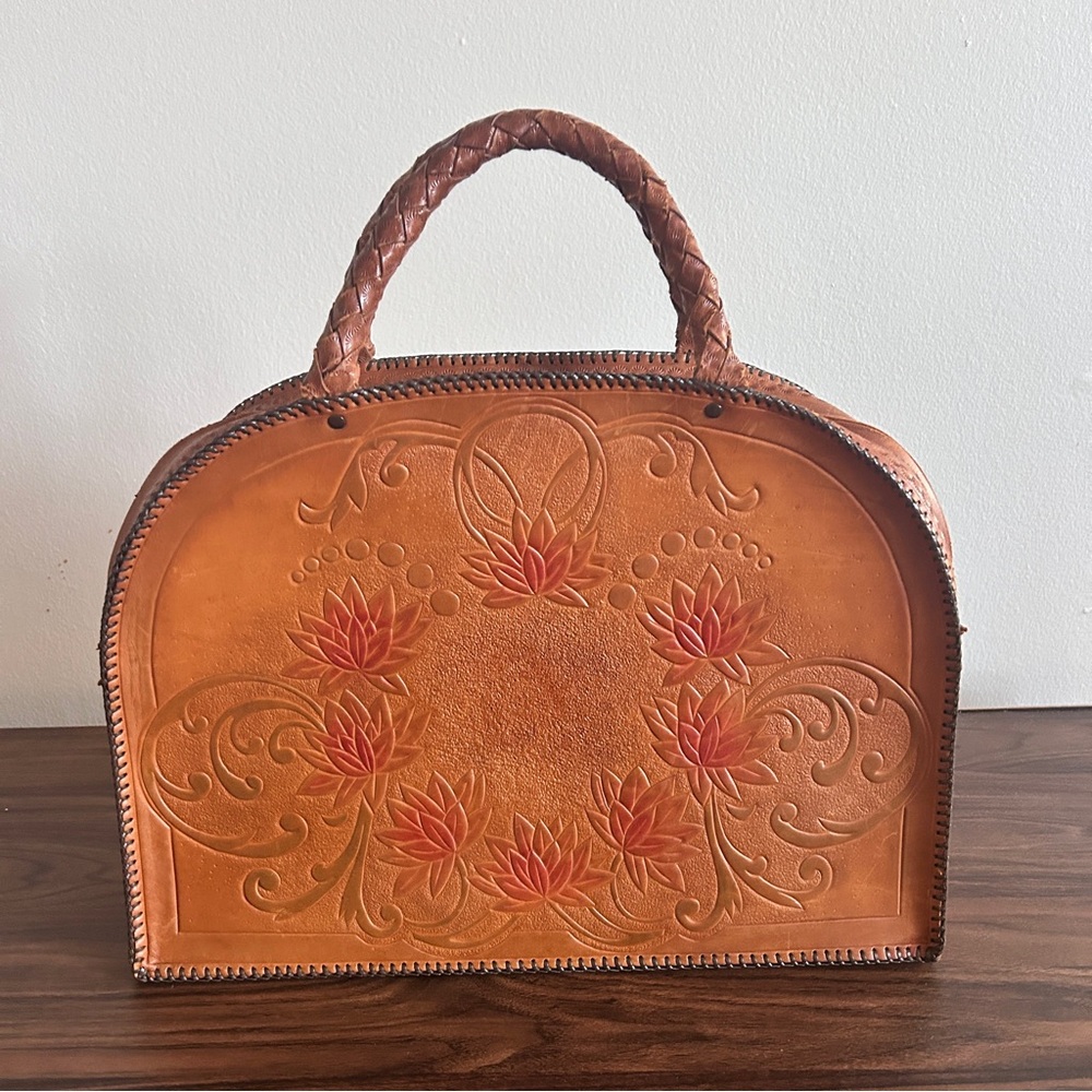Vintage 70s Big Tooled Leather Western Bag Boho Floral Hand-Carved Artisan Purse